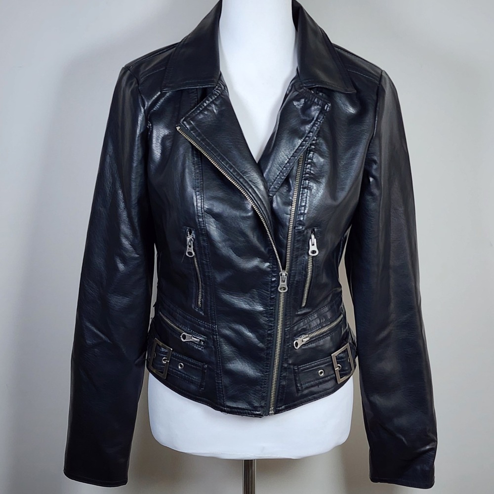 Moto Gear Faux Leather Biker Jacket Womens Medium Black Edgy Goth Vegan Rock